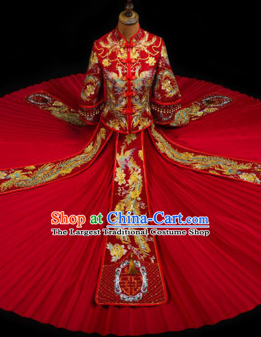 Chinese Traditional Xiuhe Suit Drilling Golden Phoenix Outfits Wedding Clothing Classical Bride Toast Embroidered Costumes