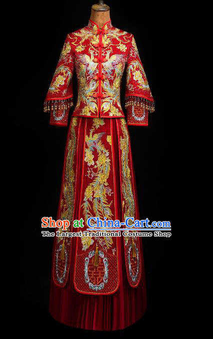 Chinese Traditional Xiuhe Suit Drilling Golden Phoenix Outfits Wedding Clothing Classical Bride Toast Embroidered Costumes