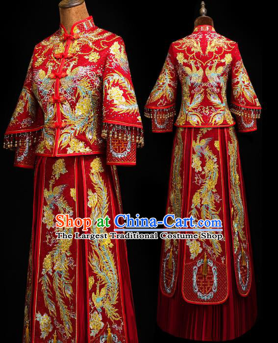 Chinese Traditional Xiuhe Suit Drilling Golden Phoenix Outfits Wedding Clothing Classical Bride Toast Embroidered Costumes
