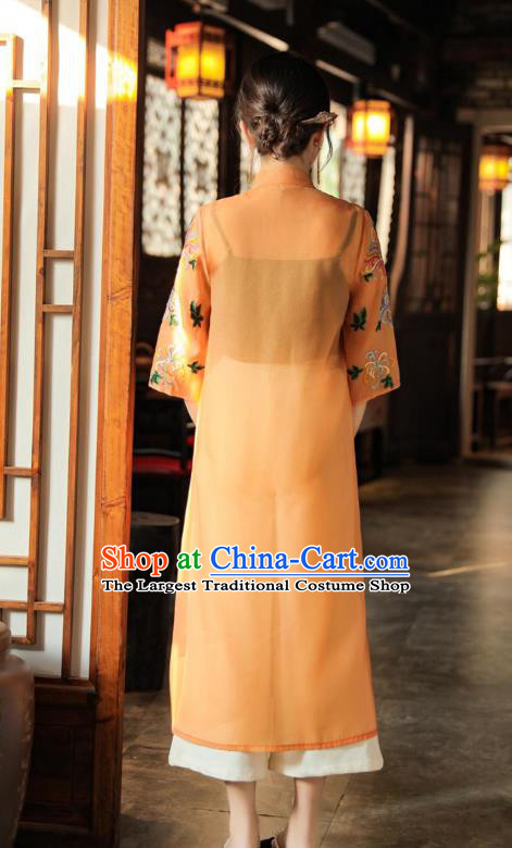 China Traditional Tang Suit Outer Garment Woman Embroidered Orange Dust Coat