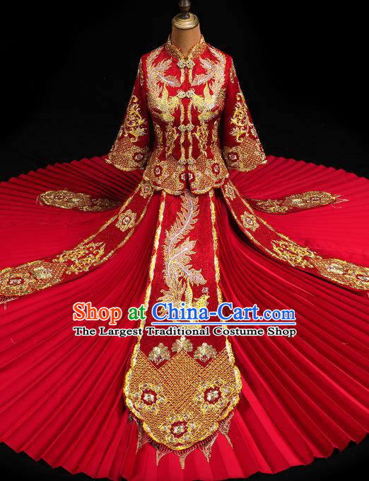 Chinese Traditional Red Xiuhe Suit  Wedding Diamante Golden Phoenix Outfits Clothing Bride Toast Embroidered Costumes