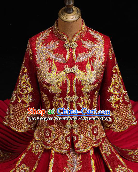 Chinese Traditional Red Xiuhe Suit  Wedding Diamante Golden Phoenix Outfits Clothing Bride Toast Embroidered Costumes