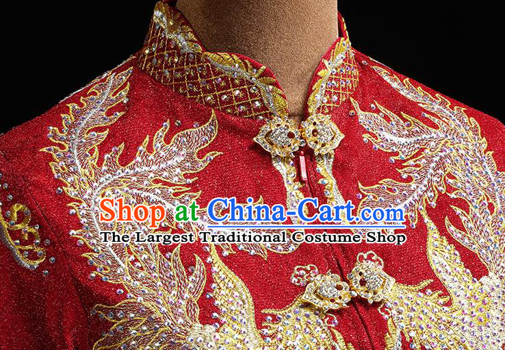 Chinese Traditional Red Xiuhe Suit  Wedding Diamante Golden Phoenix Outfits Clothing Bride Toast Embroidered Costumes