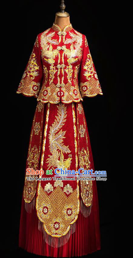 Chinese Traditional Red Xiuhe Suit  Wedding Diamante Golden Phoenix Outfits Clothing Bride Toast Embroidered Costumes