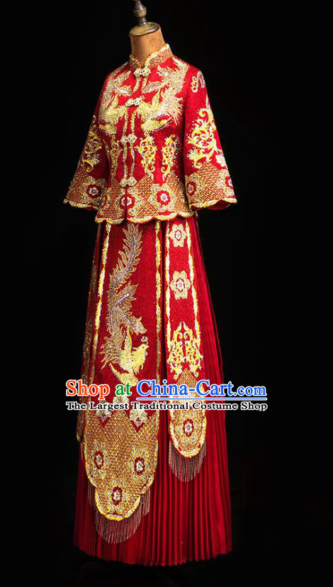 Chinese Traditional Red Xiuhe Suit  Wedding Diamante Golden Phoenix Outfits Clothing Bride Toast Embroidered Costumes