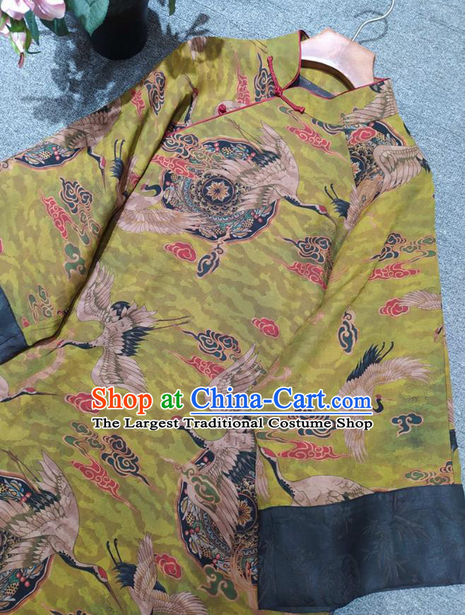 Chinese Traditional Printing Cranes Green Silk Cheongsam National Women Clothing Classical Qipao Dress