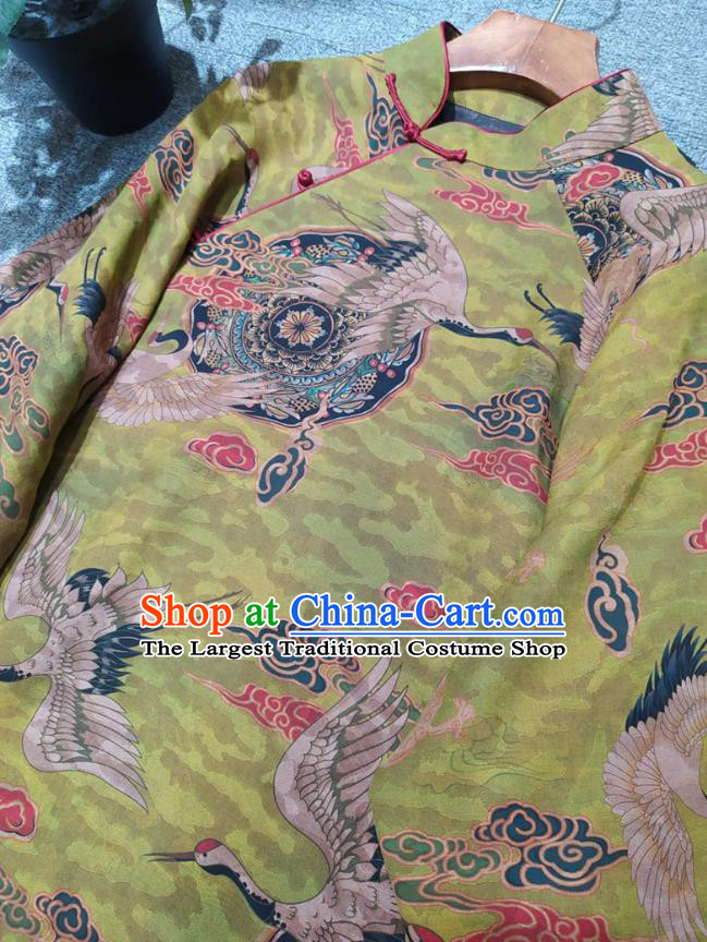 Chinese Traditional Printing Cranes Green Silk Cheongsam National Women Clothing Classical Qipao Dress