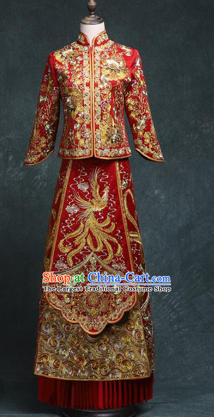 Chinese Traditional Xiuhe Suit Wedding Toast Clothing Embroidery Red Outfits Ancient Bride Diamante Phoenix Costumes