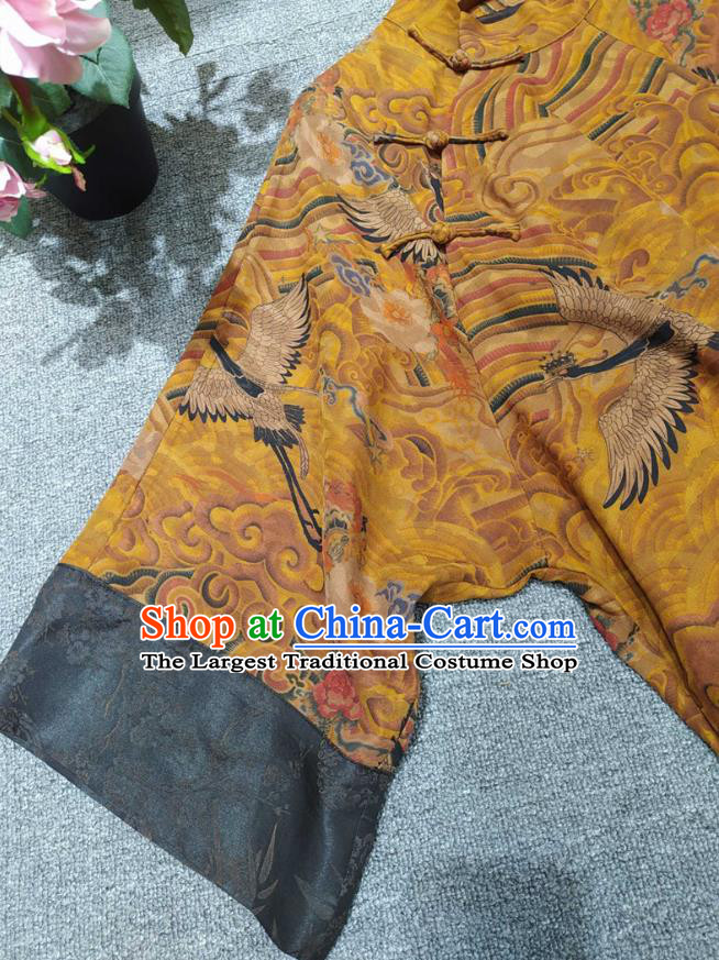 Chinese Classical Ginger Silk Qipao Dress Traditional Printing Wave Cranes Cheongsam National Women Clothing