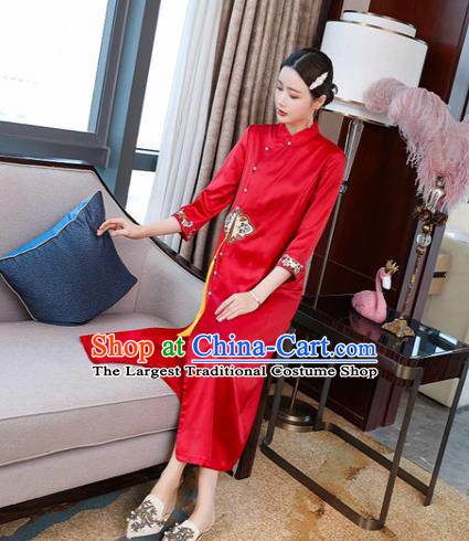 Chinese Classical Embroidered Red Silk Qipao Dress Traditional Cheongsam National Women Zen Clothing