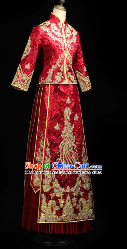 Chinese Bride Toast Costumes Traditional Embroidered Red Xiuhe Suit Wedding Diamante Golden Phoenix Outfits Clothing