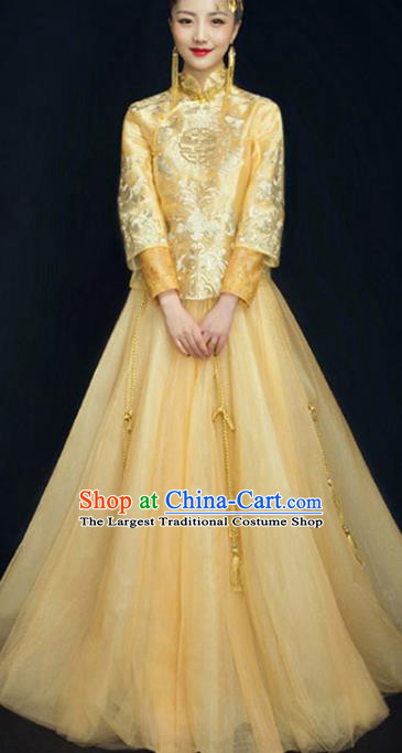 Chinese Wedding Toast Clothing Embroidery Yellow Veil Outfits Ancient Bride Costumes Traditional Xiuhe Suit