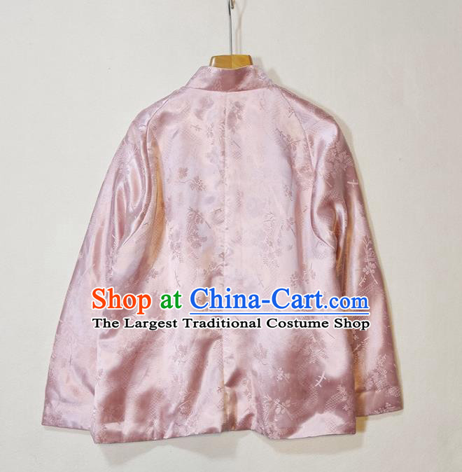 China Traditional Tang Suit Outer Garment Woman Classical Plum Blossom Pattern Pink Silk Jacket