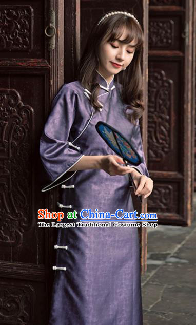 Chinese National Wide Sleeve Cheongsam Traditional Women Clothing Deep Purple Qipao Dress