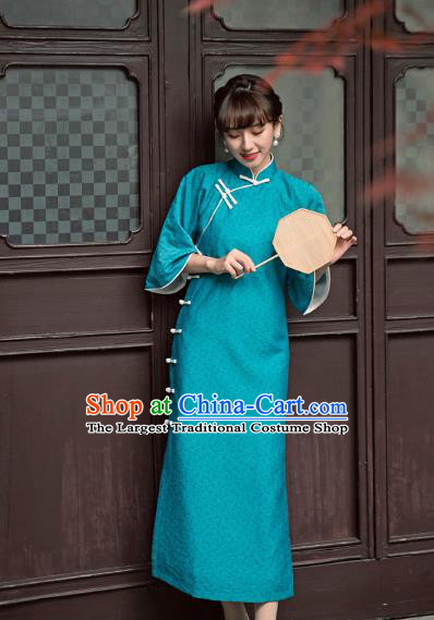Chinese Green Qipao Dress National Wide Sleeve Cheongsam Traditional Young Lady Clothing