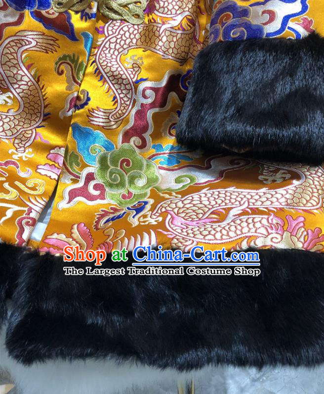 China Woman Classical Dragon Pattern Golden Brocade Jacket Traditional Tang Suit Cotton Padded Coat