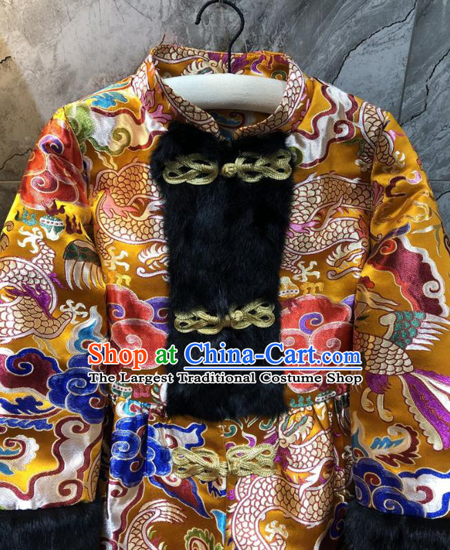 China Woman Classical Dragon Pattern Golden Brocade Jacket Traditional Tang Suit Cotton Padded Coat