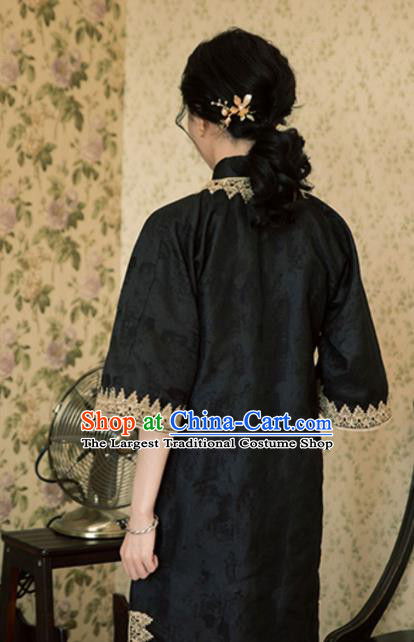 Chinese Shanghai Qipao Dress Traditional Young Lady Clothing National Wide Sleeve Black Cheongsam