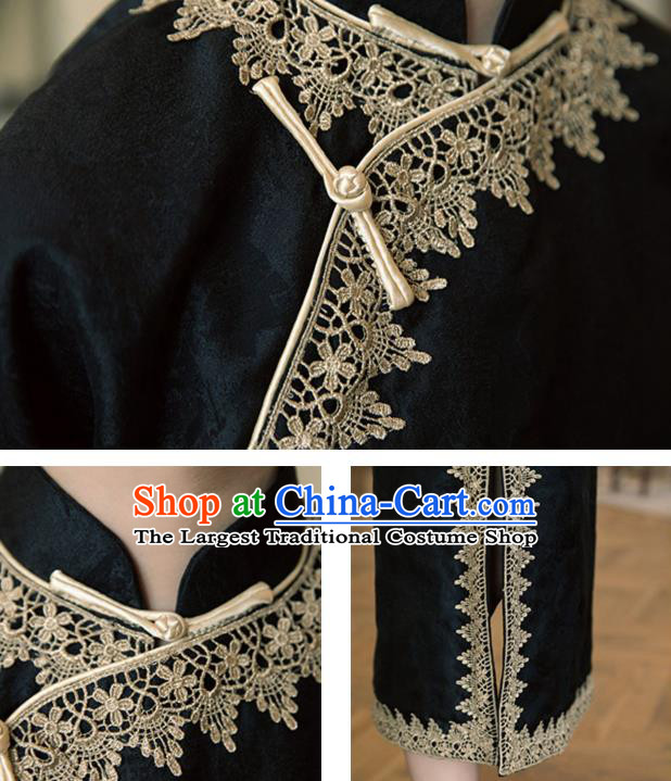 Chinese Shanghai Qipao Dress Traditional Young Lady Clothing National Wide Sleeve Black Cheongsam