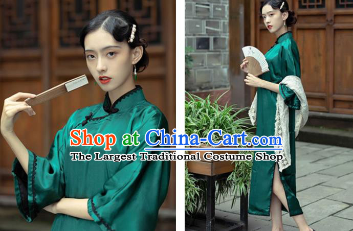 Chinese National Wide Sleeve Green Silk Cheongsam Shanghai Qipao Dress Traditional Young Mistress Clothing
