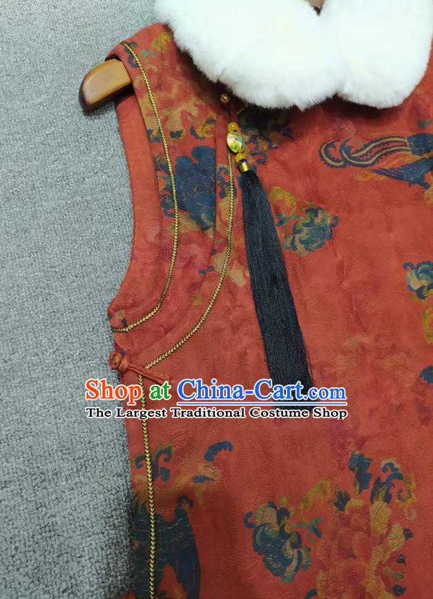 Chinese Classical Phoenix Pattern Red Qipao Dress Traditional Silk Cheongsam National Women Clothing