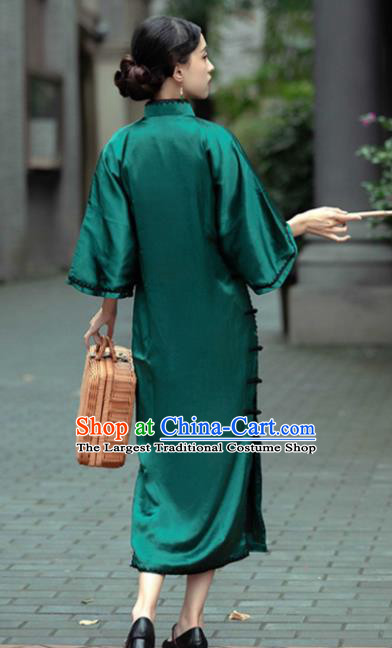 Chinese National Wide Sleeve Green Silk Cheongsam Shanghai Qipao Dress Traditional Young Mistress Clothing