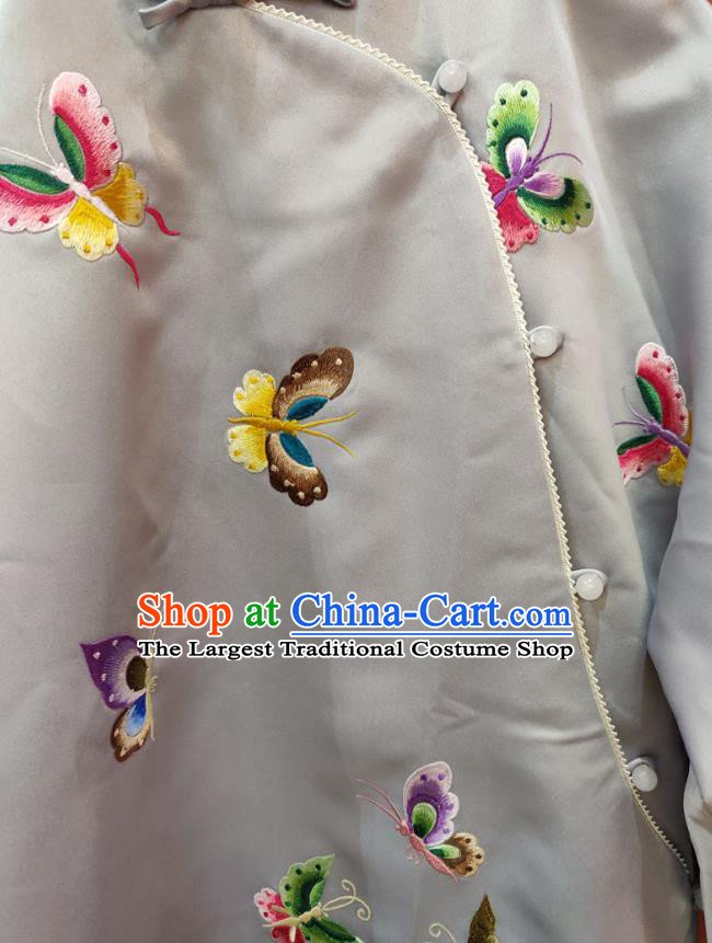 Chinese National Women Clothing Traditional Embroidered Butterfly Grey Silk Cheongsam Classical Qipao Dress
