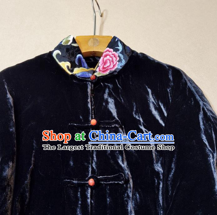 China Traditional Tang Suit Navy Velvet Coat Woman Embroidered Peony JacketChina Traditional Tang Suit Navy Velvet Coat Woman Embroidered Peony Jacket