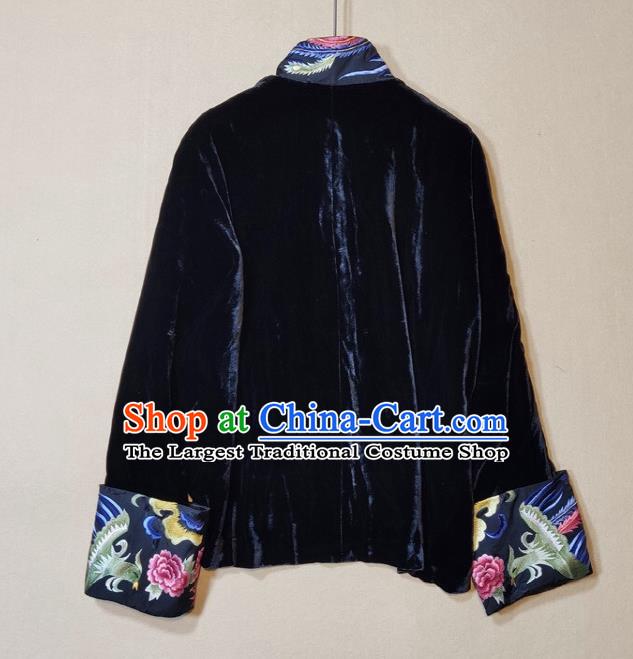 China Traditional Tang Suit Navy Velvet Coat Woman Embroidered Peony Jacket