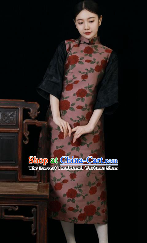 Chinese Classical Deep Pink Long Vest Dress National Cheongsam Traditional Women Clothing