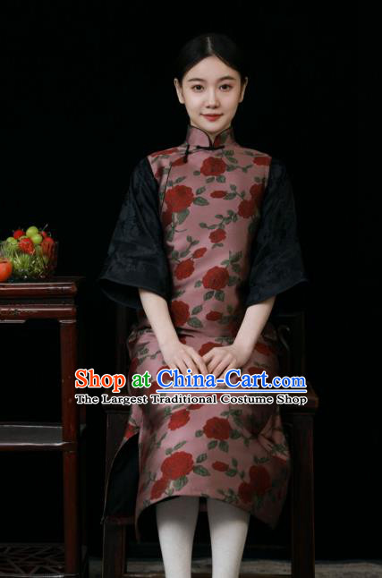 Chinese Classical Deep Pink Long Vest Dress National Cheongsam Traditional Women Clothing