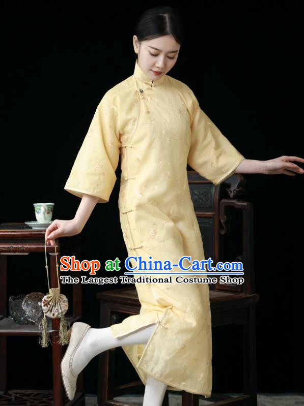 Chinese National Women Cheongsam Traditional Embroidered Clothing Classical Light Yellow Qipao Dress