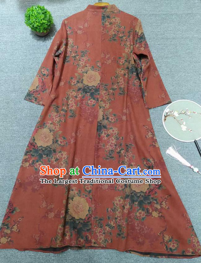 Chinese Classical Red Qipao Dress Traditional Peony Pattern Cheongsam National Women Clothing