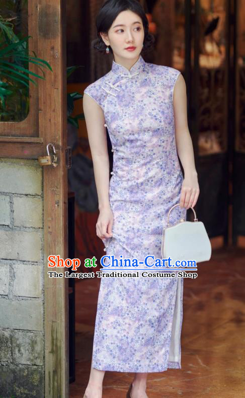 Republic of China Classical Printing Lilac Flax Cheongsam National Young Lady Qipao Dress Traditional Women Clothing