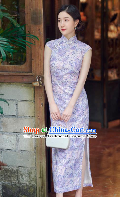 Republic of China Classical Printing Lilac Flax Cheongsam National Young Lady Qipao Dress Traditional Women Clothing