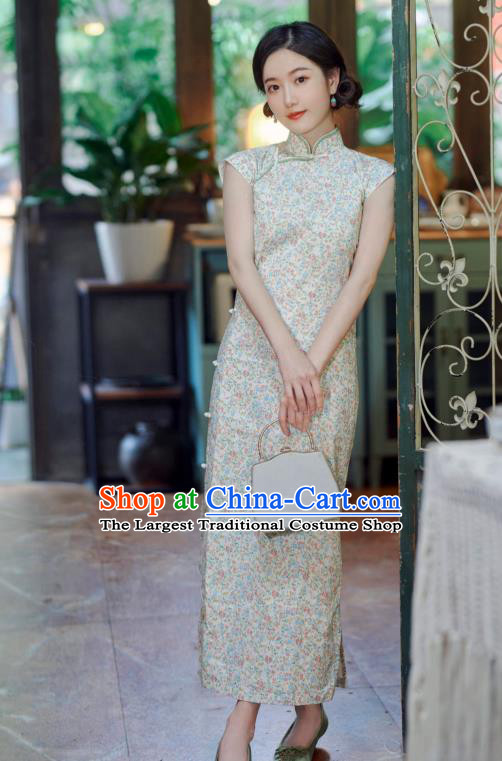 Republic of China Traditional Women Clothing Classical Printing Beige Cheongsam National Young Lady Qipao Dress