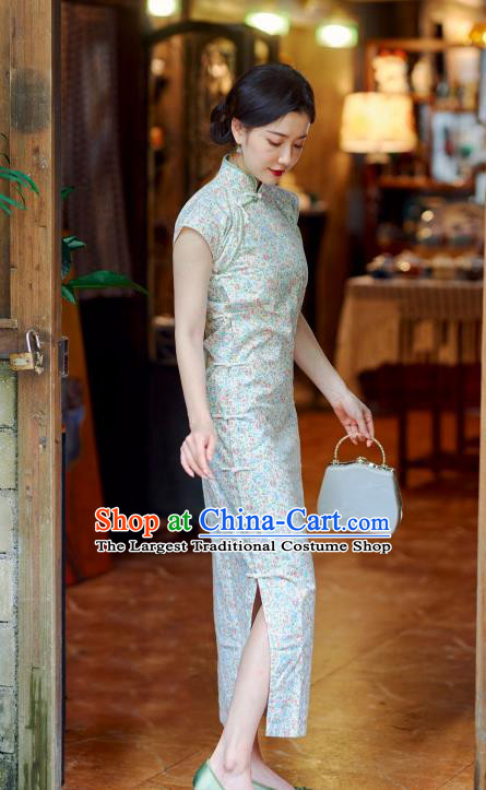 Republic of China Traditional Women Clothing Classical Printing Beige Cheongsam National Young Lady Qipao Dress