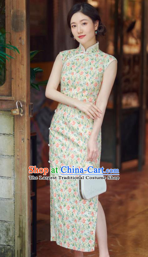 Republic of China Young Beauty Clothing National Printing Galsang Flowers Qipao Dress Classical Light Yellow Cheongsam