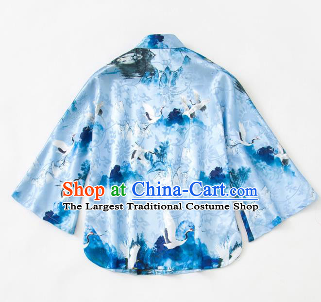 China Woman Printing Crane Blue Silk Shirt Upper Outer Garment Traditional Tang Suit Blouse