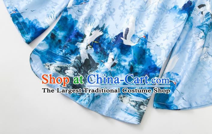 China Woman Printing Crane Blue Silk Shirt Upper Outer Garment Traditional Tang Suit Blouse