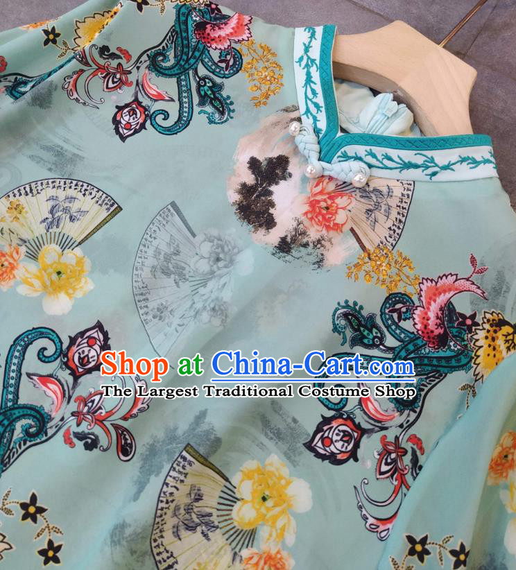 Chinese Classical Qipao Dress National Women Clothing Traditional Printing Green Cheongsam