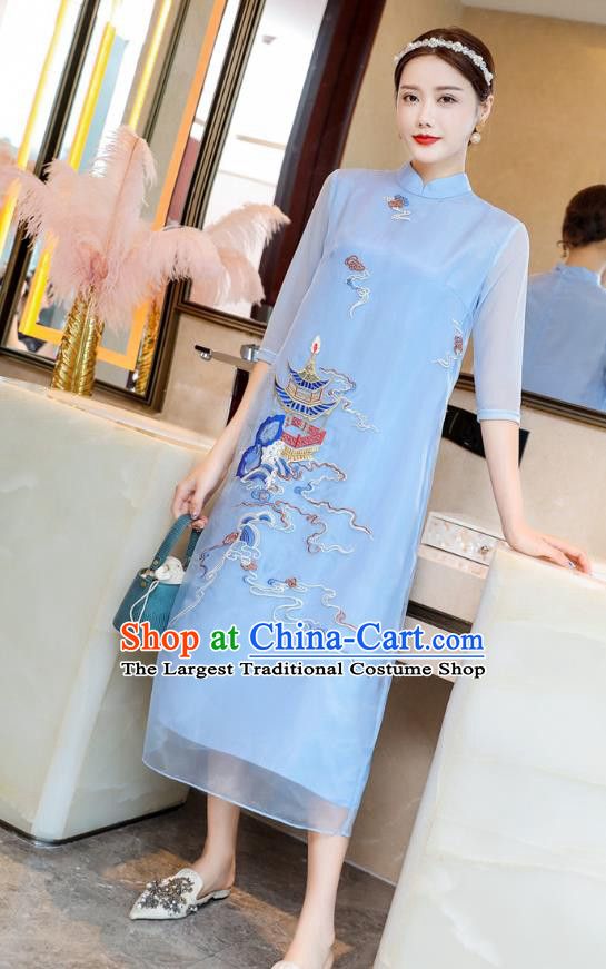 Chinese National Women Clothing Traditional Embroidered Blue Chiffon Cheongsam Classical Qipao Dress
