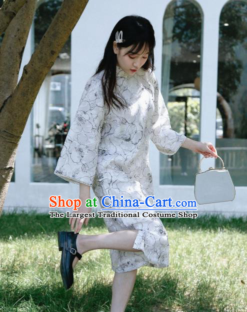 Republic of China National Printing White Qipao Dress Shanghai Beauty Clothing Classical Wide Sleeve Cheongsam