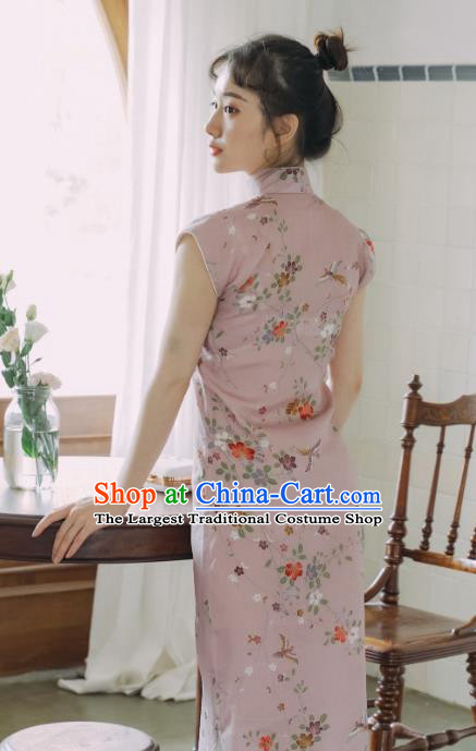 Republic of China Classical Short Sleeve Cheongsam National Printing Flowers Pink Qipao Dress Shanghai Beauty Clothing