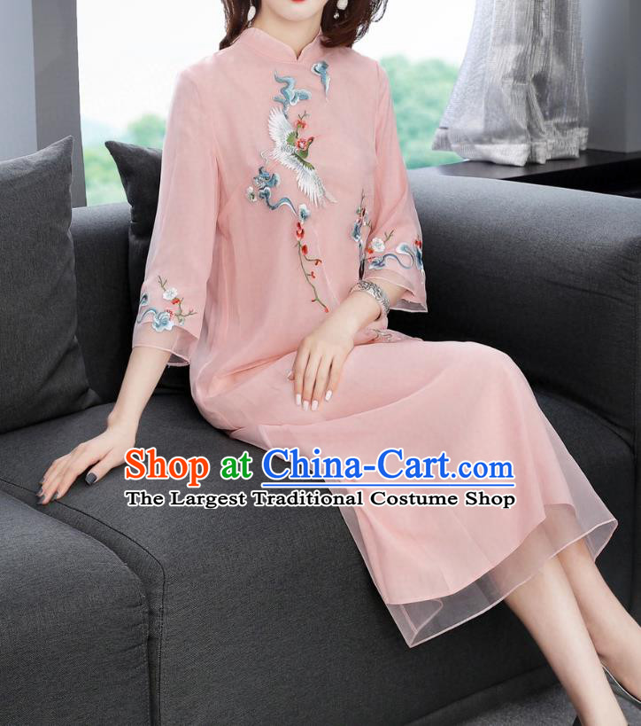 Chinese Traditional Embroidered Crane Pink Chiffon Cheongsam Women National Classical Qipao Dress