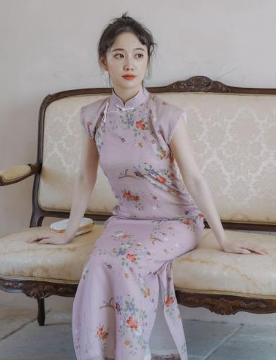 Republic of China Classical Short Sleeve Cheongsam National Printing Flowers Pink Qipao Dress Shanghai Beauty Clothing