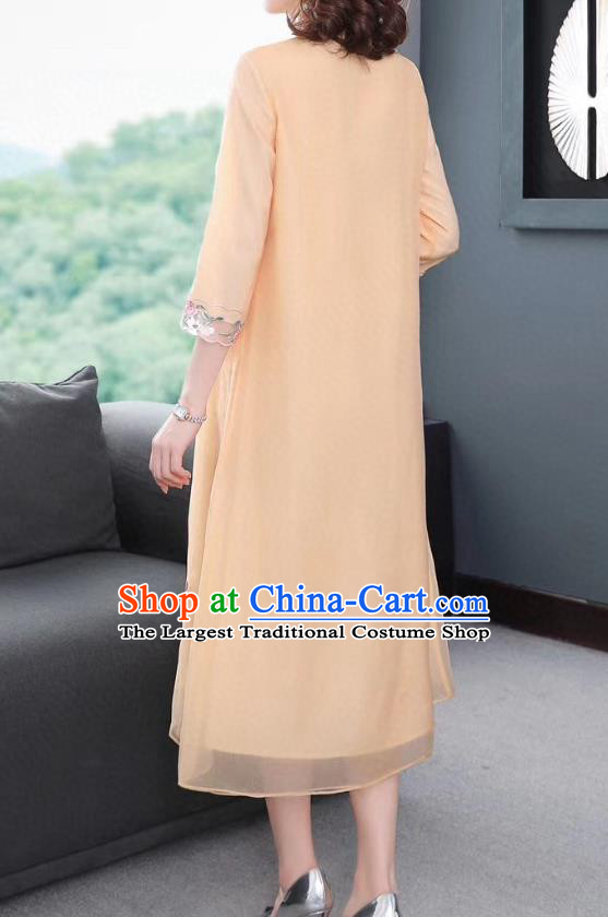 Chinese National Classical Embroidered Apricot Organza Qipao Dress Traditional Women Cheongsam Clothing