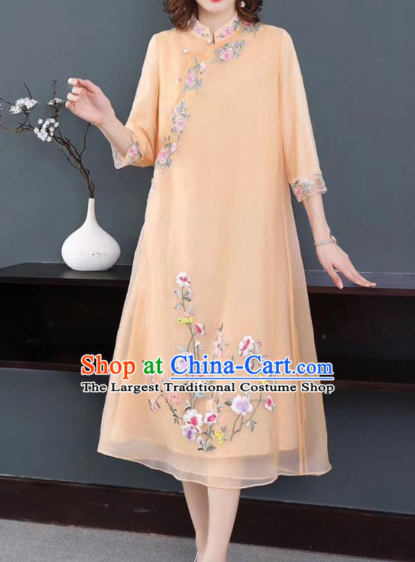 Chinese National Classical Embroidered Apricot Organza Qipao Dress Traditional Women Cheongsam Clothing