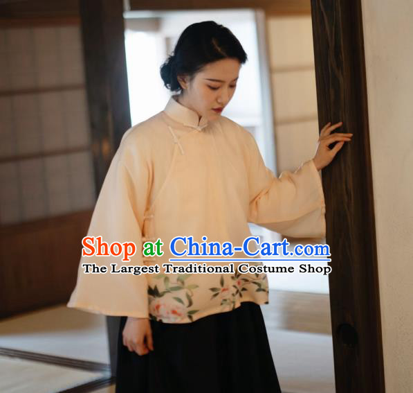 China Classical Printing Camellia Beige Organza Shirt Cheongsam Upper Outer Garment Tang Suit Blouse