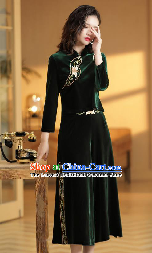Chinese National Classical Embroidered Green Velvet Blouse and Skirt Traditional Women Tang Suit ClothingChinese National Classical Embroidered Green Velvet Blouse and Skirt Traditional Women Tang Suit Clothing